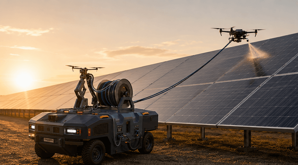 PanelWing's ground robot and tethered drone cleaning and inspecting solar panels at sunset