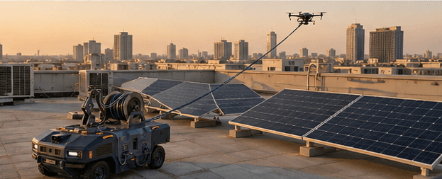 Ground robot and tethered drone servicing panels on a commercial rooftop, city skyline behind