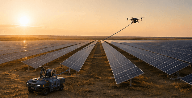 Ground robot and tethered drone cleaning rows of panels at a utility-scale solar park